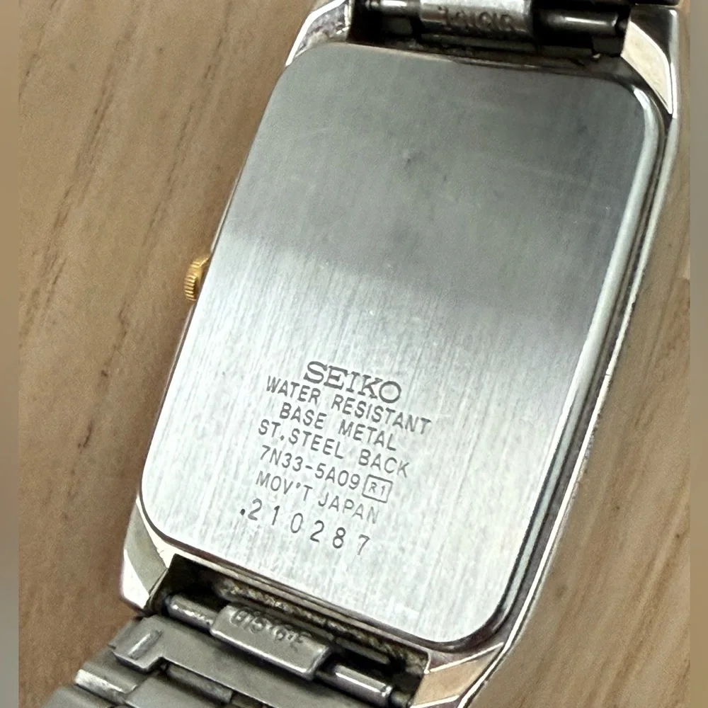 Seiko Rare Vintage Tank Watch Rectangular Gray Dial Two-Tone Case Bracelet Date